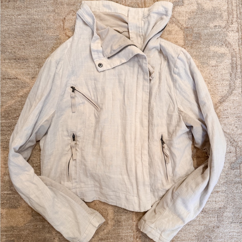 Anthropologie Marrakech Drapery Collared Beige Linen Moto Jacket Size Medium